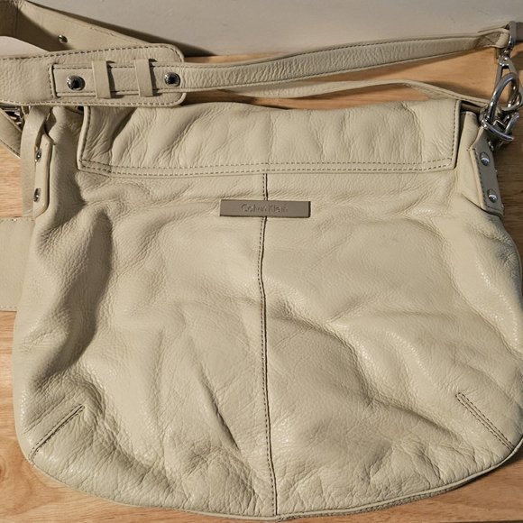 Calvin Klein Leather Crossbody Bag Purse 2 Straps Silver Hardware Cream Colored - Picture 2 of 6
